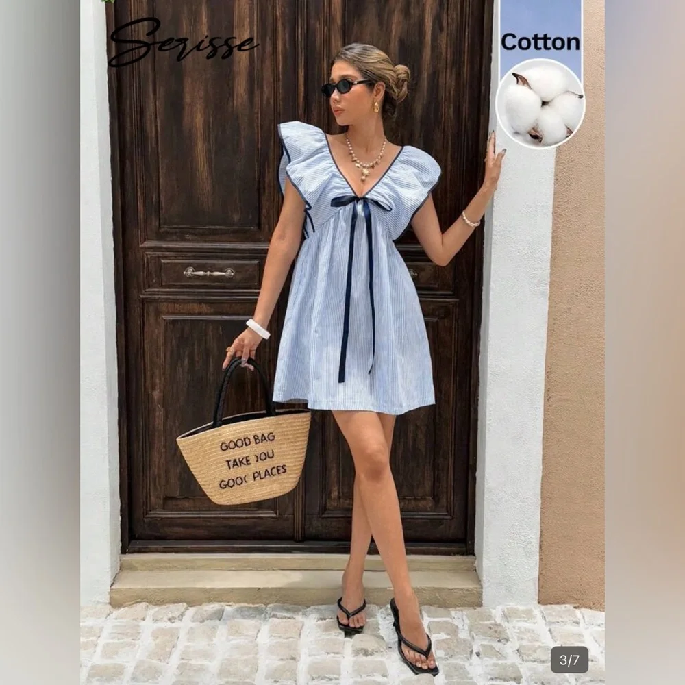 Serisse Cotton Light Blue Striped V-Neck Ribbon Tie Mini Dress L 8/10 - Picture 3 of 4